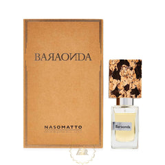 Nasomatto Baraonda extrait de parfum product photography, showcasing a rectangular brown box with stylized 'Baraonda' and 'NASOMATTO' branding, alongside a clear bottle of light yellow liquid, labeled 'Baraonda', capped with an irregular dark and light brown cork