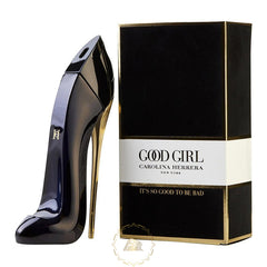 Carolina Herrera Good Girl perfume product photo showing the shiny black stiletto bottle with a metallic gold heel and CH logo beside its matching black and gold box featuring Good Girl text and the slogan It's So Good To Be Bad