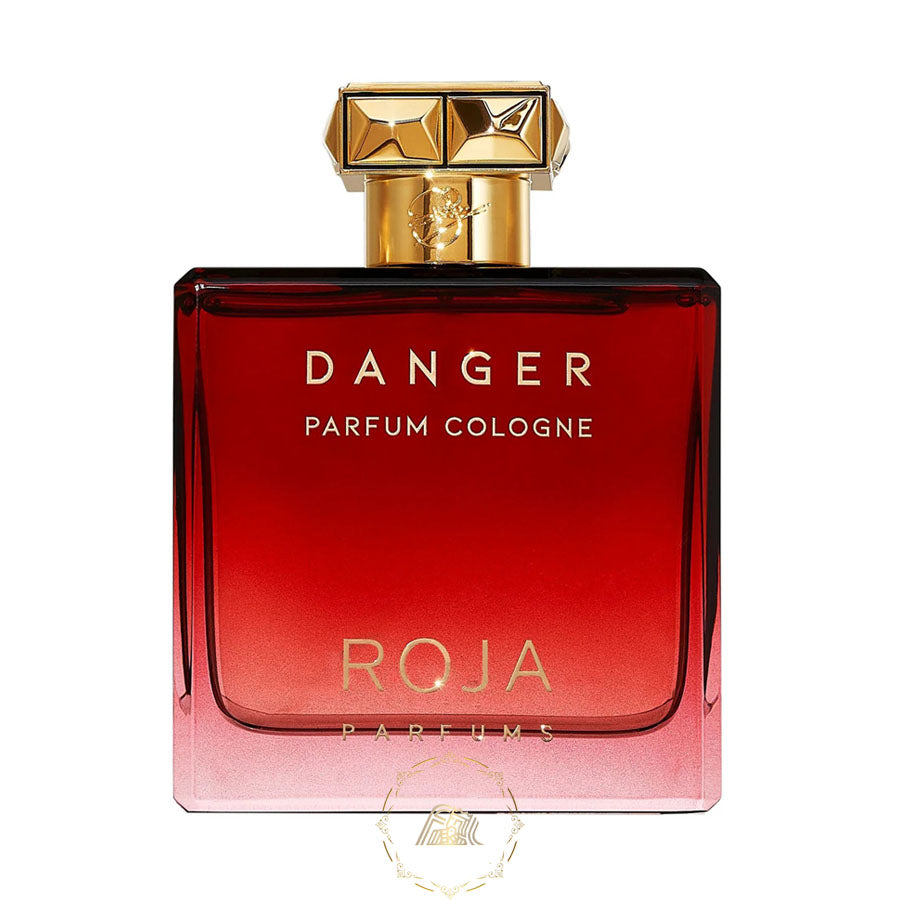 Product photo of Roja Parfums Danger Parfum Cologne in an ombré red glass bottle featuring a distinctive gold faceted studded cap and elegant gold lettering