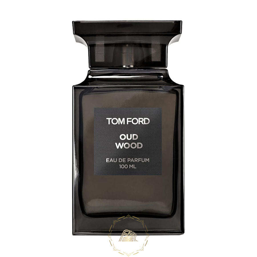 Tom Ford Oud Wood Eau de Parfum 100 ML dark rectangular glass bottle with a prominent black label displaying white text on a stark white background