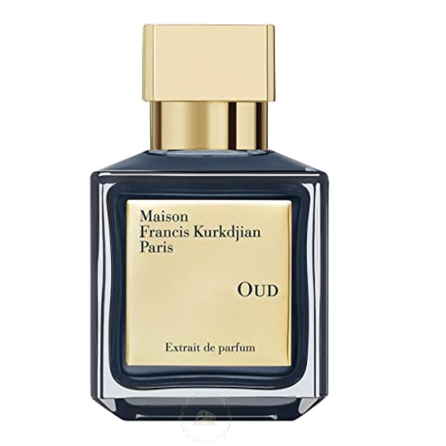 Maison Francis Kurkdjian Paris OUD Extrait de parfum bottle with a dark blue square glass design, a prominent rectangular gold label, and a shiny gold cap