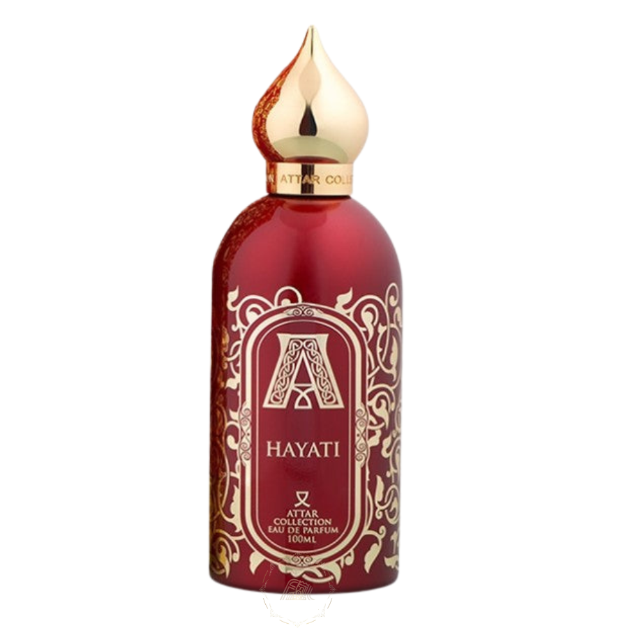 Attar Collection Hayati 100ml deep red perfume bottle with an ornate gold scrollwork design a prominent initial A logo and a distinctive onion dome-shaped gold cap
