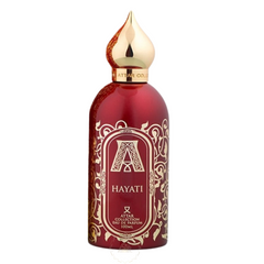 Attar Collection Hayati 100ml deep red perfume bottle with an ornate gold scrollwork design a prominent initial A logo and a distinctive onion dome-shaped gold cap