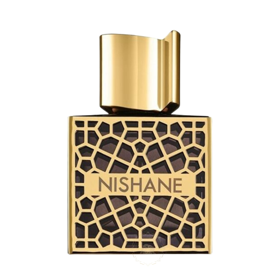 Product photography of a square Nishane perfume bottle featuring a shiny gold cap, an intricate gold geometric lattice pattern overlay on dark liquid, with the NISHANE logo prominently displayed in gold