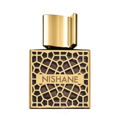 Product photography of a square Nishane perfume bottle featuring a shiny gold cap, an intricate gold geometric lattice pattern overlay on dark liquid, with the NISHANE logo prominently displayed in gold