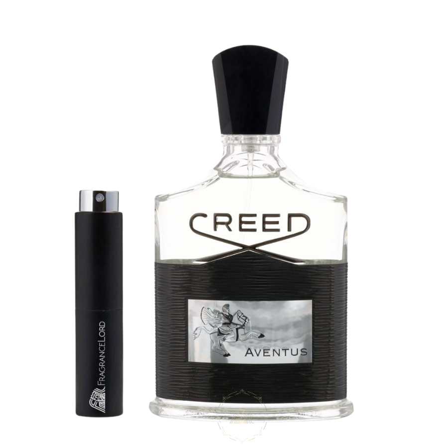 Product photo of a Creed Aventus cologne bottle, featuring a clear top, textured black base, and a silver label with a rider on a horse, presented alongside a black Fragrancelord travel atomizer