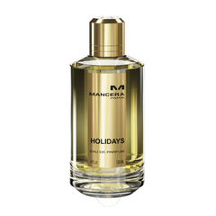 Mancera Paris product photo of a clear glass Holidays Eau de Parfum bottle with a golden hue a reflective gold label displaying MANCERA PARIS logo and HOLIDAYS in black text topped with a shiny gold cylindrical cap