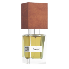 Product photo of Nasomatto Pardon perfume bottle displaying dark olive green liquid in clear glass, a silver neck, and a distinctive square rustic wooden cap