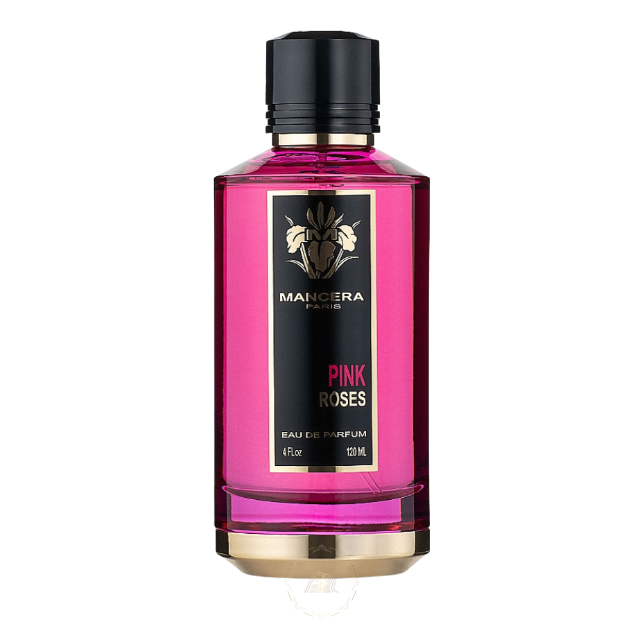 Product photography of a Mancera Pink Roses Eau de Parfum bottle, a vibrant fuchsia pink glass container with a black label featuring a gold vase logo, black cap, and shiny gold base