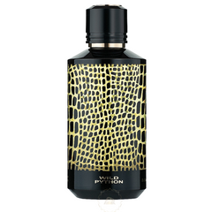 Wild Python perfume bottle in black and gold with an intricate reptilian scale pattern and a sleek black cap