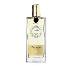 Product image of Paris-based Nicolai Parfumeur Créateur Patchouli Intense Eau de Parfum, presented in a clear rectangular glass bottle with a gold cap, pale yellow liquid, a circular logo featuring a perfume pot, and a small black string charm on the neck