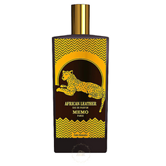 Perfume bottle by MEMO PARIS featuring African Leather Eau de Parfum, dark brown with a central golden stylized leopard illustration, the 'African Leather' title, bright golden yellow chevron patterns at the top and bottom, and a shiny gold cap