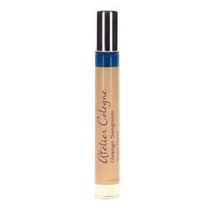 Atelier Cologne Orange Sanguine Cologne Absolue rollerball perfume in a slender bottle with a black cap, vibrant blue band, and textured light brown label