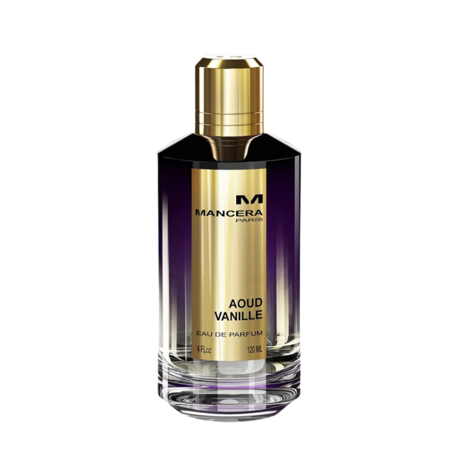 Mancera Paris Aoud Vanille Eau de Parfum bottle with a dark purple gradient glass, a prominent gold label displaying the fragrance name, and a metallic gold cap