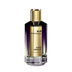 Mancera Paris Aoud Vanille Eau de Parfum bottle with a dark purple gradient glass, a prominent gold label displaying the fragrance name, and a metallic gold cap