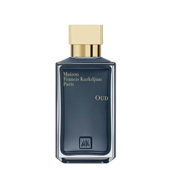 Photo of Maison Francis Kurkdjian Paris Oud perfume bottle a dark grey rectangular design with a gleaming gold cap elegant gold lettering and the distinct MFK logo