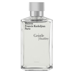 Photograph by Maison Francis Kurkdjian of a Gentle fluidity perfume bottle, a clear rectangular glass bottle with light grey liquid and a silver cap, featuring black brand text and an embossed MFK logo on a white background
