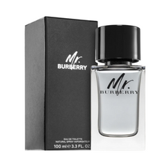 Mr. Burberry Eau de Toilette fragrance bottle and its matte black box featuring the distinctive white Mr. Burberry logo a clear glass design with a black cap and 100 ml volume