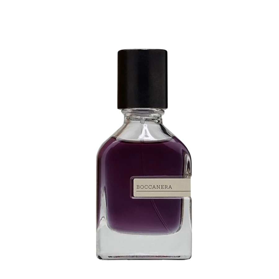 A clear rectangular glass bottle of Boccanera perfume with dark purple liquid, a black cap, and a prominent cream label