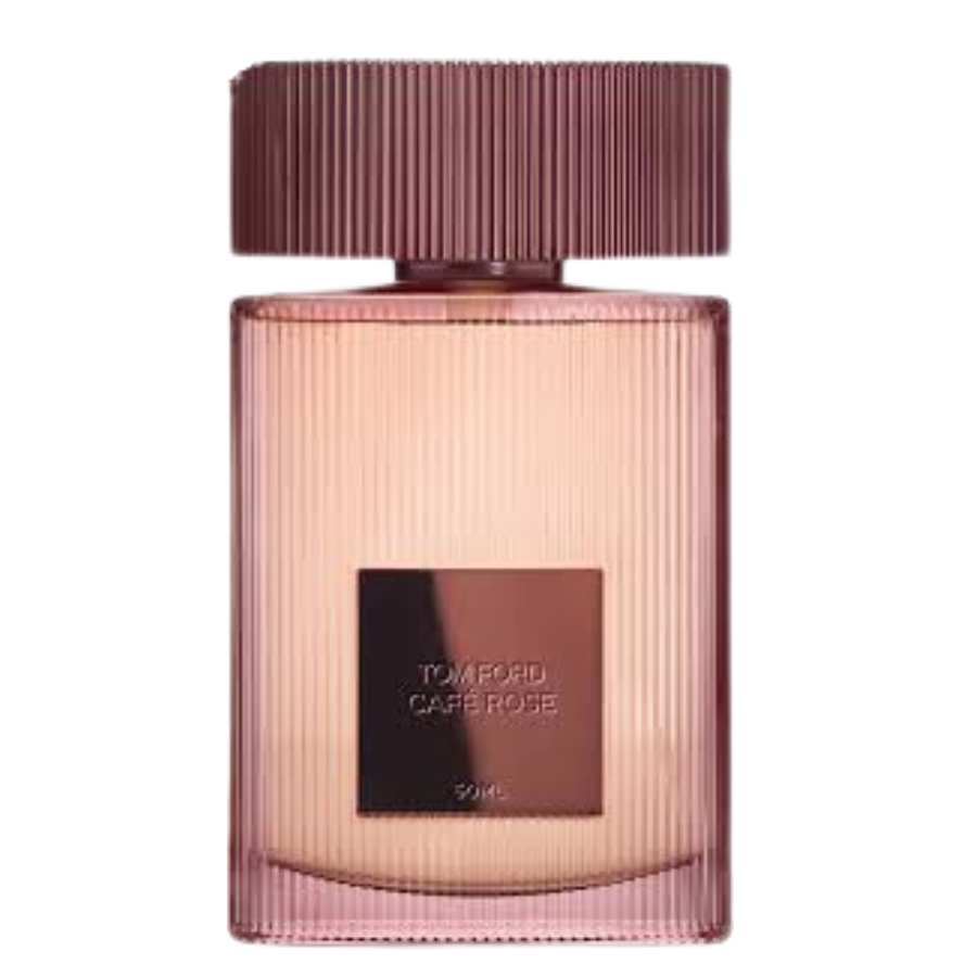 Product photography by Tom Ford of the Cafe Rose perfume bottle, featuring a ribbed pinkish-rose tinted glass design, a matching cap, and a prominent dark brown label with the fragrance name