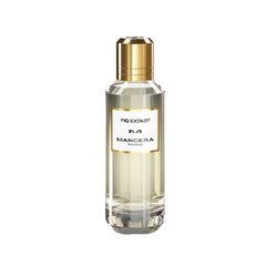 Product photograph of a Mancera Fig Extasy perfume bottle featuring a clear glass body, a luxurious golden cap, and a white label with gold trim showcasing the brand name Mancera Paris and the creamy beige liquid inside