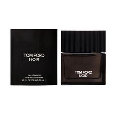 Product photograph of Tom Ford Noir Eau de Parfum 50ml featuring a dark glass bottle with a ribbed black cap and its matching textured black packaging both displaying the product name in white text