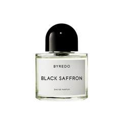 Product photograph of Byredo Black Saffron Eau de Parfum bottle featuring clear glass, a white label with black text, and a black dome-shaped cap with a silver dot