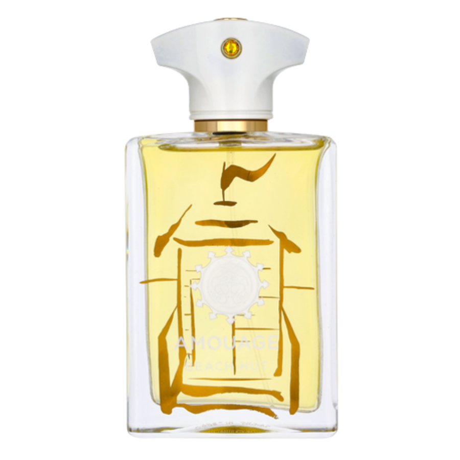 Amouage Beach Hut perfume bottle, a clear rectangular glass bottle with yellow liquid, a white sculpted cap featuring a gold and amber gem, and a front design of bold gold abstract lines surrounding a white circular logo
