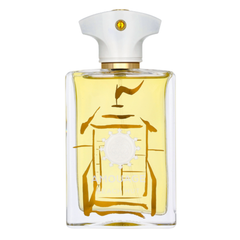 Amouage Beach Hut perfume bottle, a clear rectangular glass bottle with yellow liquid, a white sculpted cap featuring a gold and amber gem, and a front design of bold gold abstract lines surrounding a white circular logo