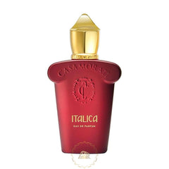 Casamorati Italica Eau de Parfum bottle featuring a luxurious matte red finish, a prominent gold pointed cap, and intricate gold embossed branding and fragrance name
