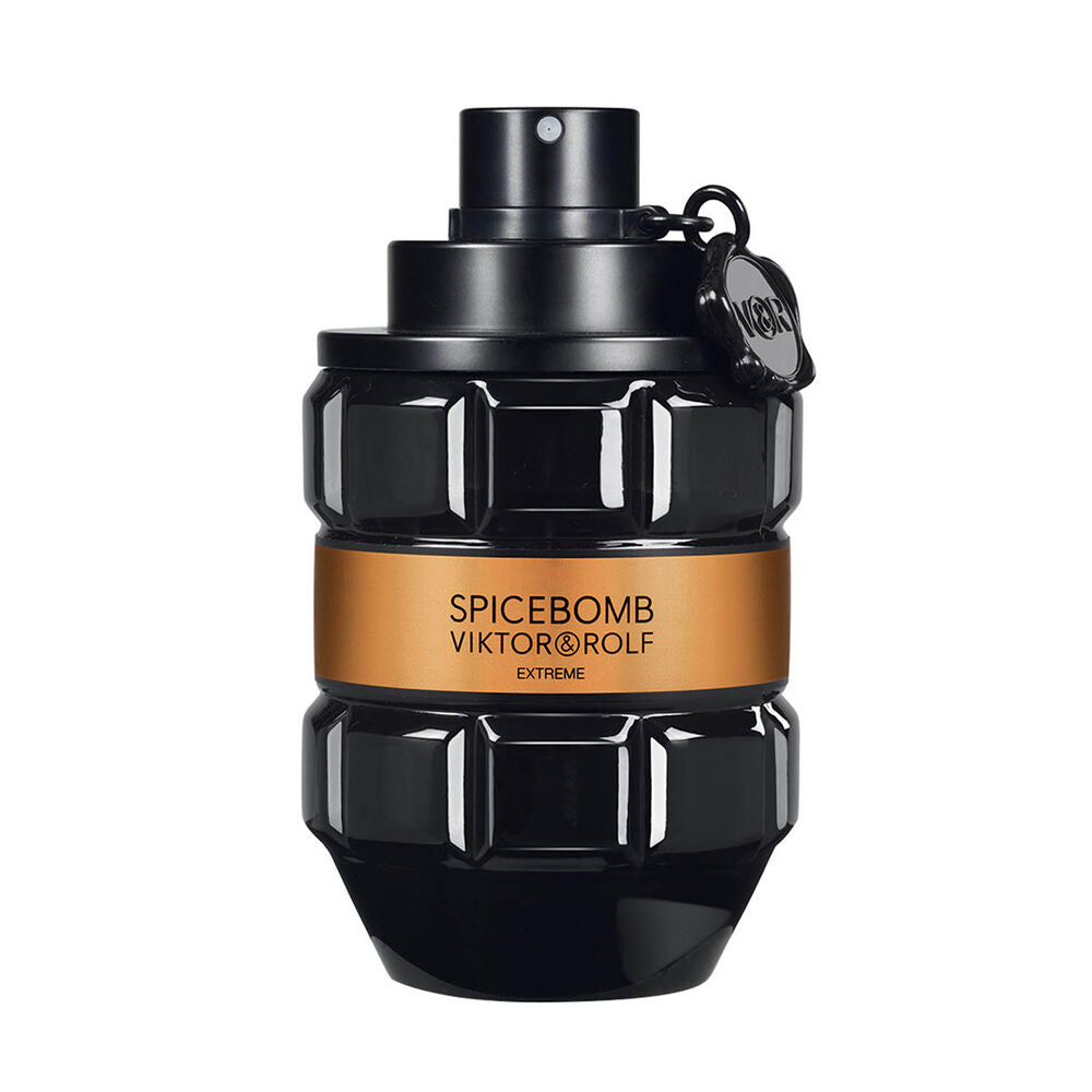 Product photo of Viktor&Rolf Spicebomb Extreme fragrance bottle, a black grenade-shaped bottle with an orange label and a grenade pin sprayer featuring a VOR tag