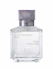 Product photography of a Maison Francis Kurkdjian Aqua Universalis fragrance bottle a clear rectangular glass containing white liquid with a frosted silver cap displaying "Maison Francis Kurkdjian Paris Aqua Universalis" text and an embossed MFK monogram