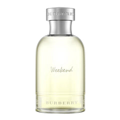 Burberry Weekend Eau de Parfum bottle featuring a clear glass design, a silver cap with engraved BURBERRY logo, prominent script 'Weekend' text, and a subtle check pattern etched around the bottle's base