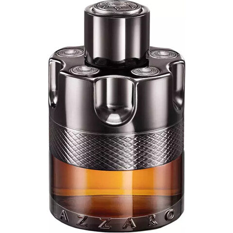 Product photo of Azzaro Wanted perfume bottle on a white background featuring a distinctive gunmetal grey revolver cylinder design a textured diamond patterned band and amber-colored liquid