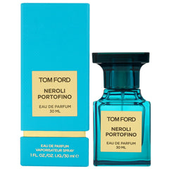 Product photography of Tom Ford Neroli Portofino Eau de Parfum, featuring a vibrant turquoise rectangular box and matching glass bottle with a gold label and dark teal cap