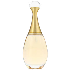 Product photograph of Dior J'adore perfume bottle featuring an elegant clear glass hourglass shape with a ribbed golden neck and a clear spherical cap containing light yellow liquid