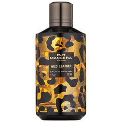Mancera Paris Wild Leather Eau de Parfum 120 ml bottle featuring a vibrant black and gold leopard print design and a metallic dark grey cap