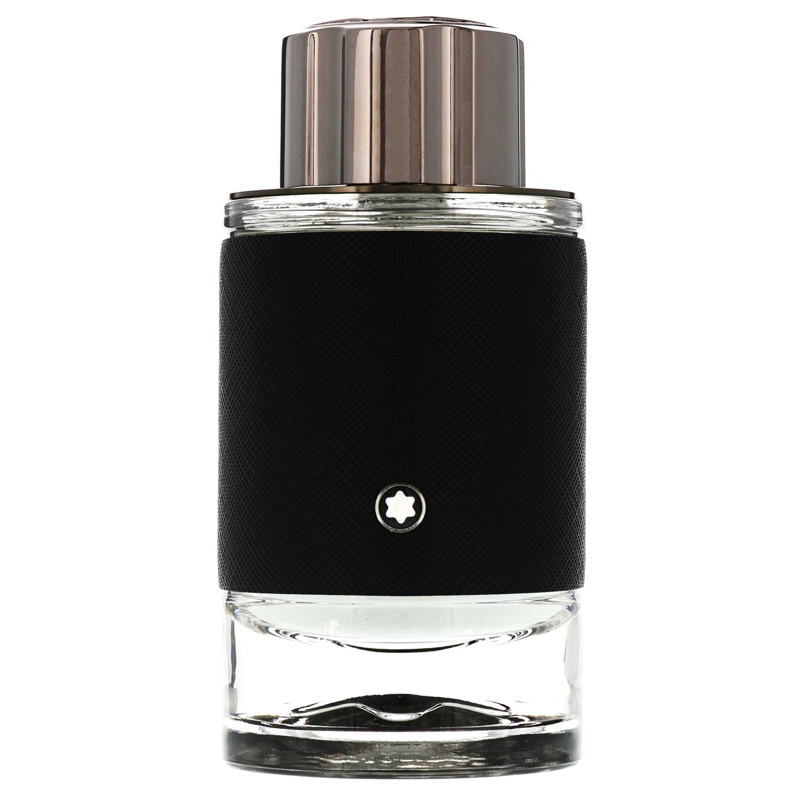 Montblanc Explorer perfume bottle featuring a clear glass base, a textured black band with its iconic white star emblem, and a ribbed metallic gunmetal cap