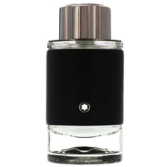Montblanc Explorer perfume bottle featuring a clear glass base, a textured black band with its iconic white star emblem, and a ribbed metallic gunmetal cap