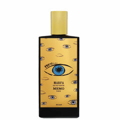Memo Paris Marfa Eau de Parfum bottle a black bottle with a golden cap and a golden label decorated with stylized blue-irised eyes and the text Marfa Eau de Parfum Memo Paris