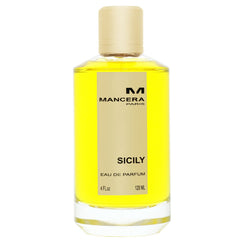Mancera Paris Sicily Eau de Parfum in a clear bottle filled with vibrant yellow liquid, featuring a light gold label with the brand logo and 'Sicily' in black text, topped with a matching gold cap and listing 120 ML 4 Fl Oz