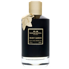Product image of a Mancera Paris Musky Garden Eau de Parfum bottle featuring a sleek black rectangular body a shiny gold cap and a distinct gold leaf ornament on the neck with a matching gold label