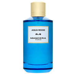 Mancera Paris perfume bottle with vibrant turquoise blue liquid and a gold-colored cap featuring a white label that reads Aqua Wood and Mancera Paris