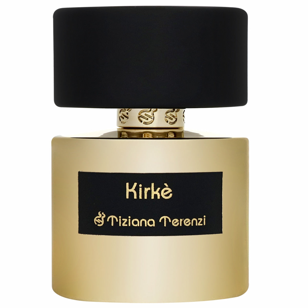 Product photography by Tiziana Terenzi showing a Kirkè perfume bottle featuring a matte gold base, prominent black label with gold text, and a distinctive black cap with a gold patterned neck
