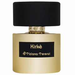 Product photography by Tiziana Terenzi showing a Kirkè perfume bottle featuring a matte gold base, prominent black label with gold text, and a distinctive black cap with a gold patterned neck