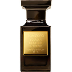 Tom Ford Tuscan Leather Intense Eau de Parfum in a glossy black rectangular bottle with a gold embossed label detailing the fragrance name and 50 ml volume