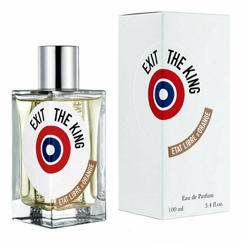 Product image of Etat Libre d'Orange Exit The King Eau de Parfum, featuring a clear glass bottle with silver cap and pale liquid next to its white box, both adorned with a striking red, white, and blue target logo and "Etat Libre d'Orange" on a brown banner