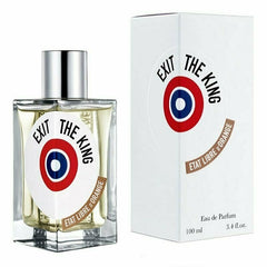Product image of Etat Libre d'Orange Exit The King Eau de Parfum, featuring a clear glass bottle with silver cap and pale liquid next to its white box, both adorned with a striking red, white, and blue target logo and "Etat Libre d'Orange" on a brown banner