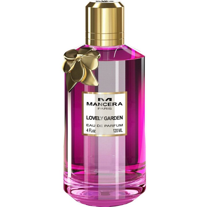 Product photography by Mancera Paris showing a Lovely Garden Eau de Parfum bottle from Paris with a shiny gold cap, decorative bow, and vibrant fuchsia pink liquid in a clear glass bottle