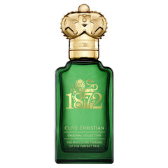 Product photograph of Clive Christian 1872 Masculine Perfume bottle, featuring a vibrant emerald green glass body, an ornate golden crown cap, and a gilded '1872' emblem with lion and unicorn crest on a white background
